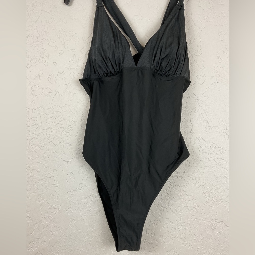 Women’s Black V Neck Criss Cross Backless Rib One Piece Swimsuit Plunge Size XL - Picture 6 of 11